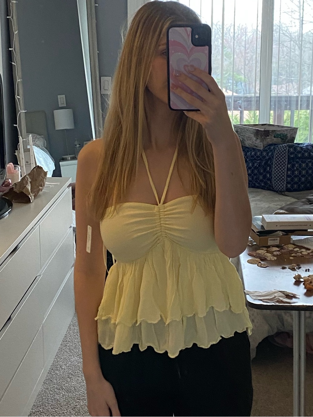 Hollister Pale Yellow Ruched Halter Ruffled Peplum Camisole